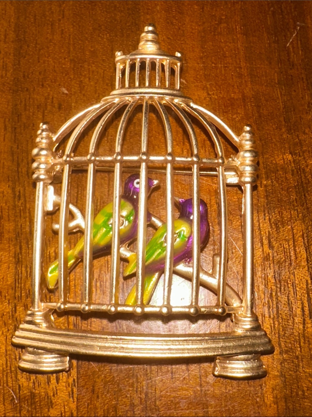 Gold Tone Birdcage Brooch with Green and Purple Enamel Birds